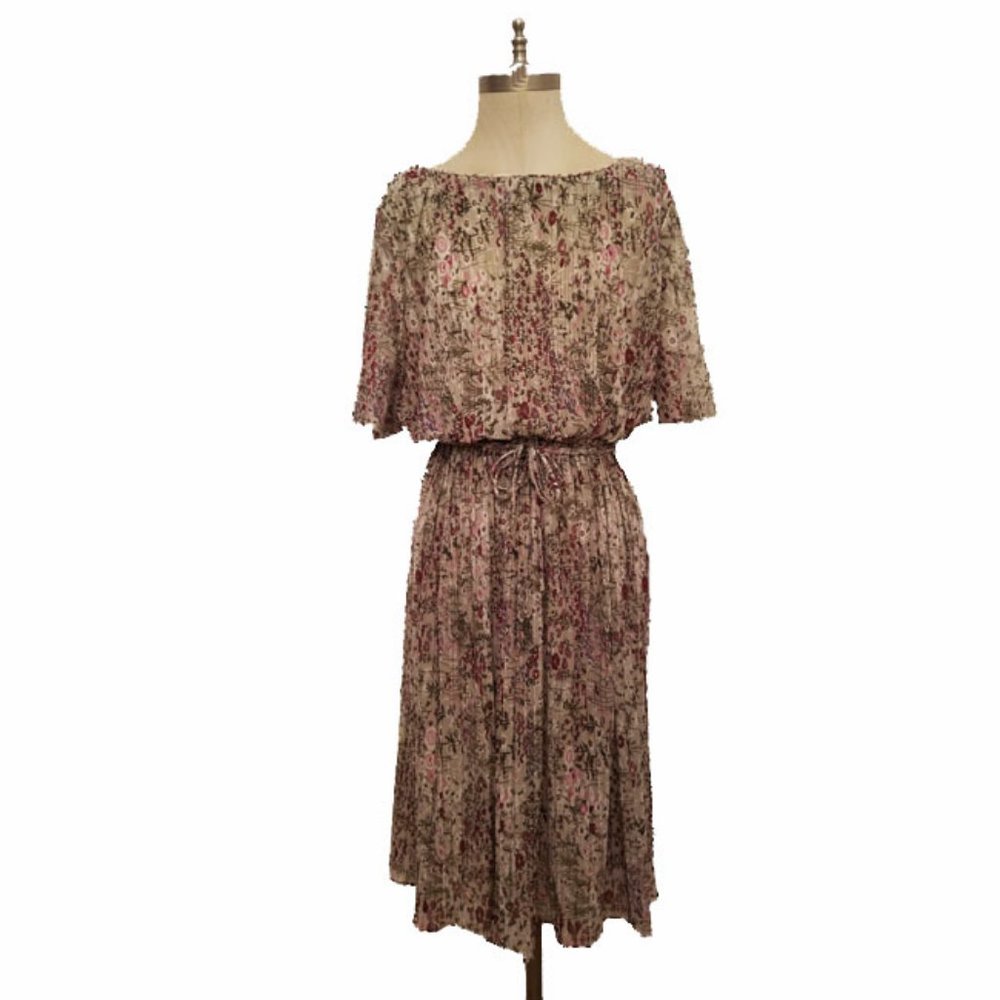Vtg 70s Accordion Pleat Floral Dress M/L